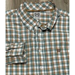 Cinch Shirt Mens 2XL Teal Brown Plaid Long Sleeve Button Down Western Cowboy